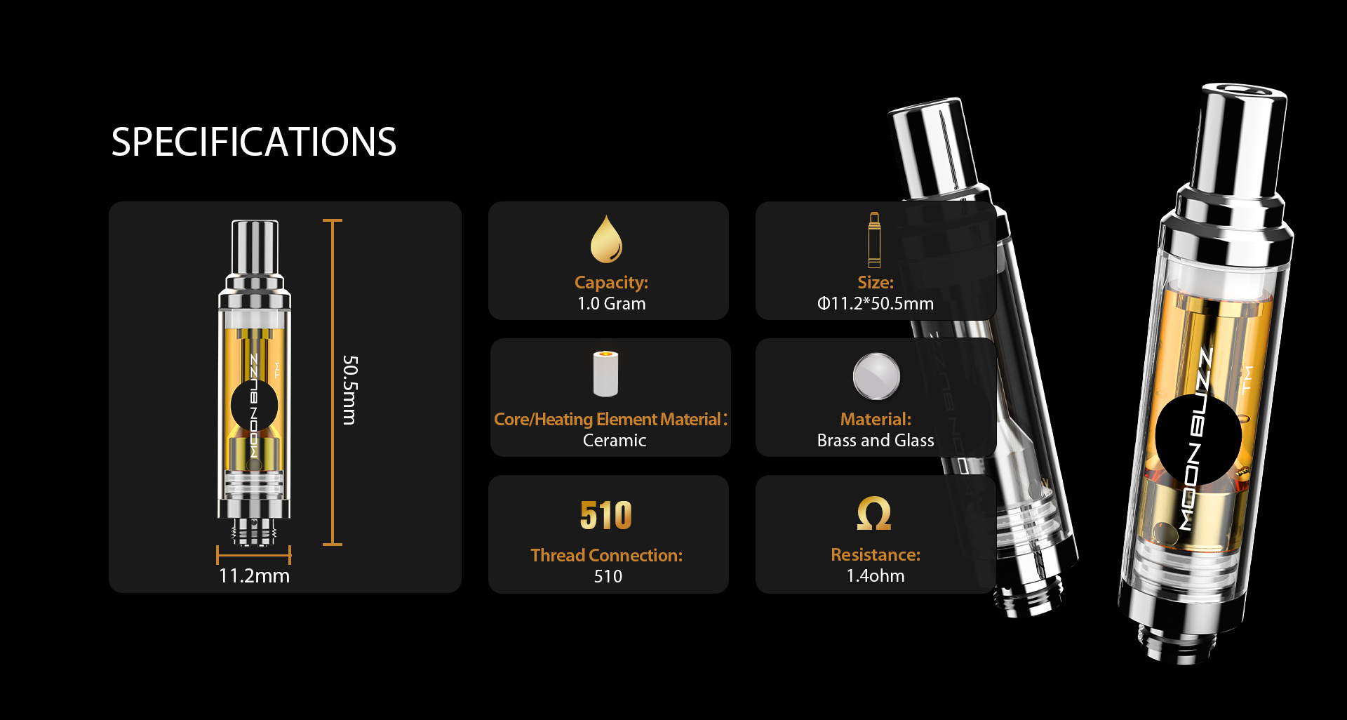 Yocan Gold-1G INFUSED CARTRIDGE SPECIFICATIONS-MOONBUZZ Edition